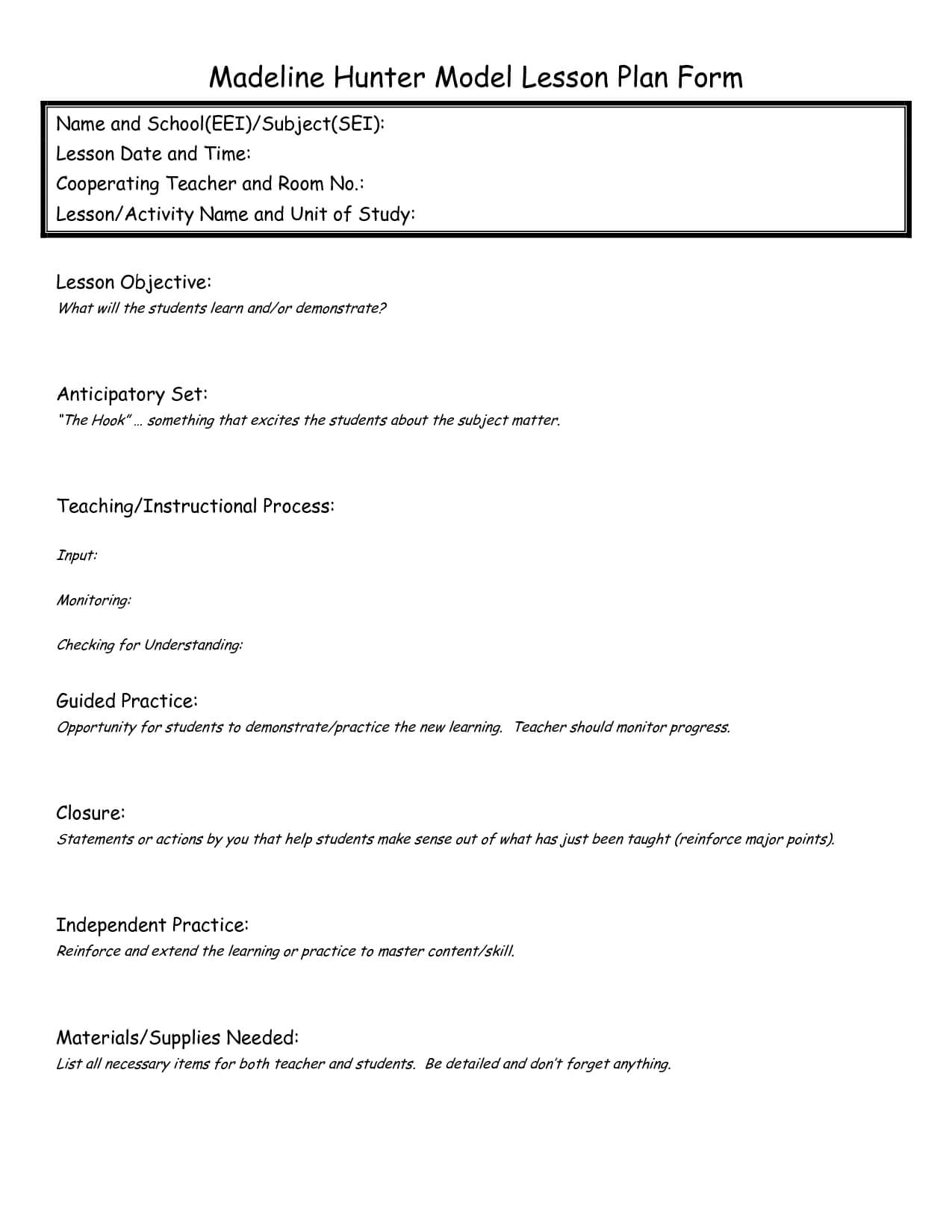 001 Template Ideas Madeline Hunter Lesson Unusual Plan In Madeline Hunter Lesson Plan Template Word