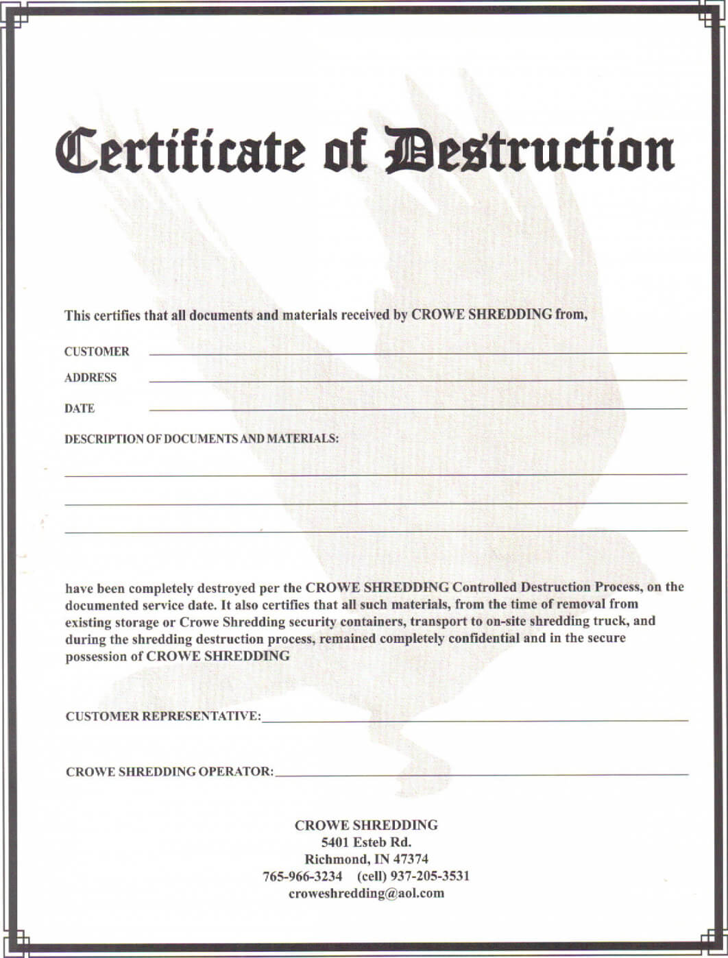004 Certificate Of Destruction Template Free Form Intended For Free Certificate Of Destruction Template