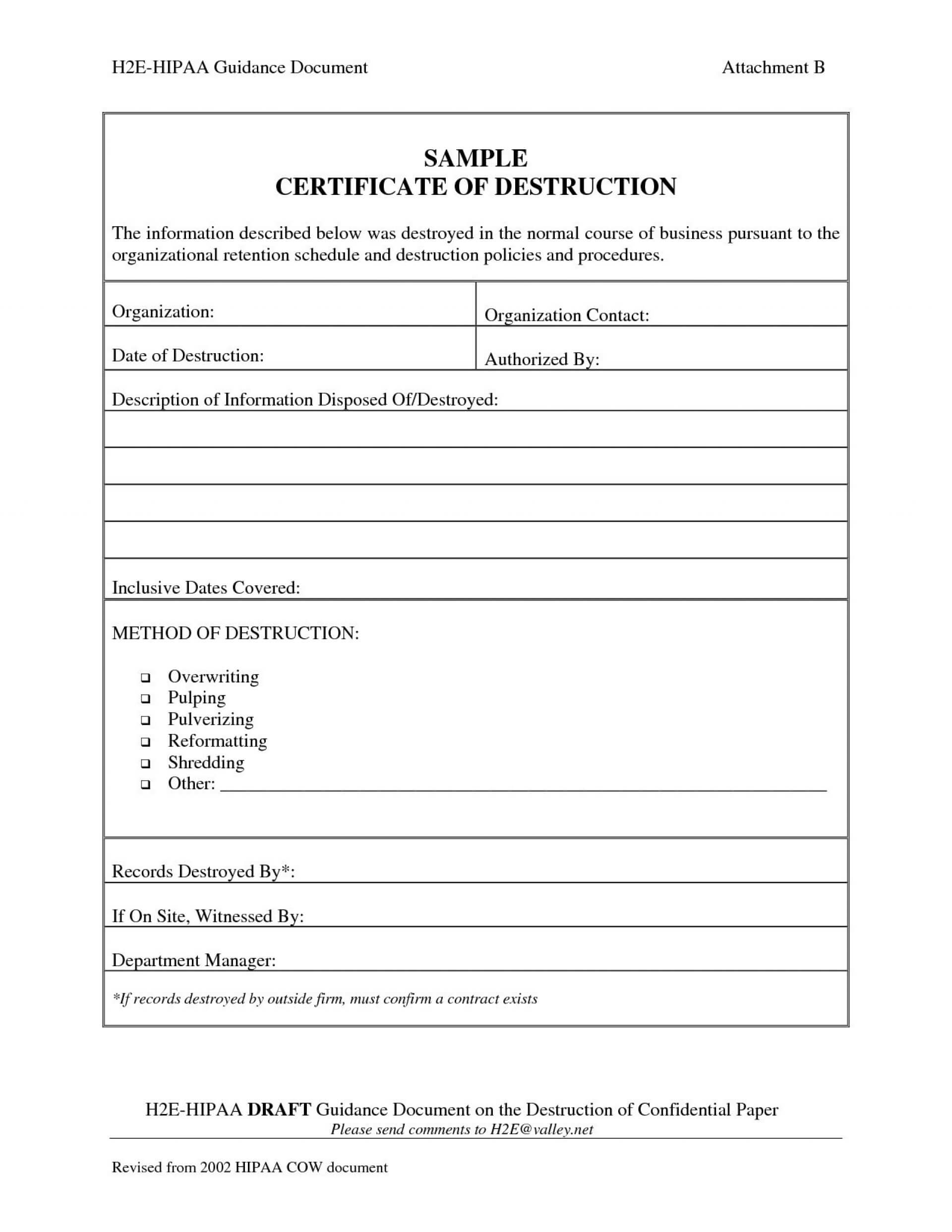005 Certificate Of Destruction Template Ideas Exceptional Pertaining To Certificate Of Destruction Template