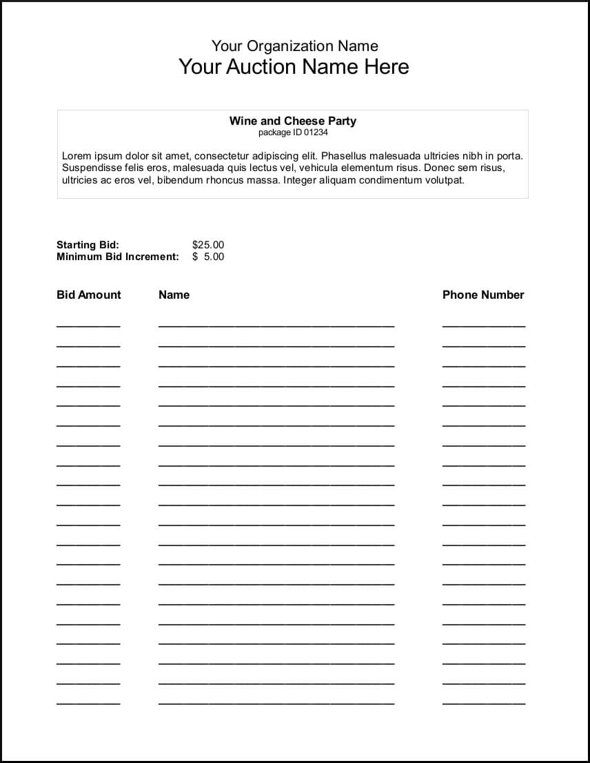 005 Template Ideas Free Bid Sheet Imposing Silent Auction Regarding Auction Bid Cards Template