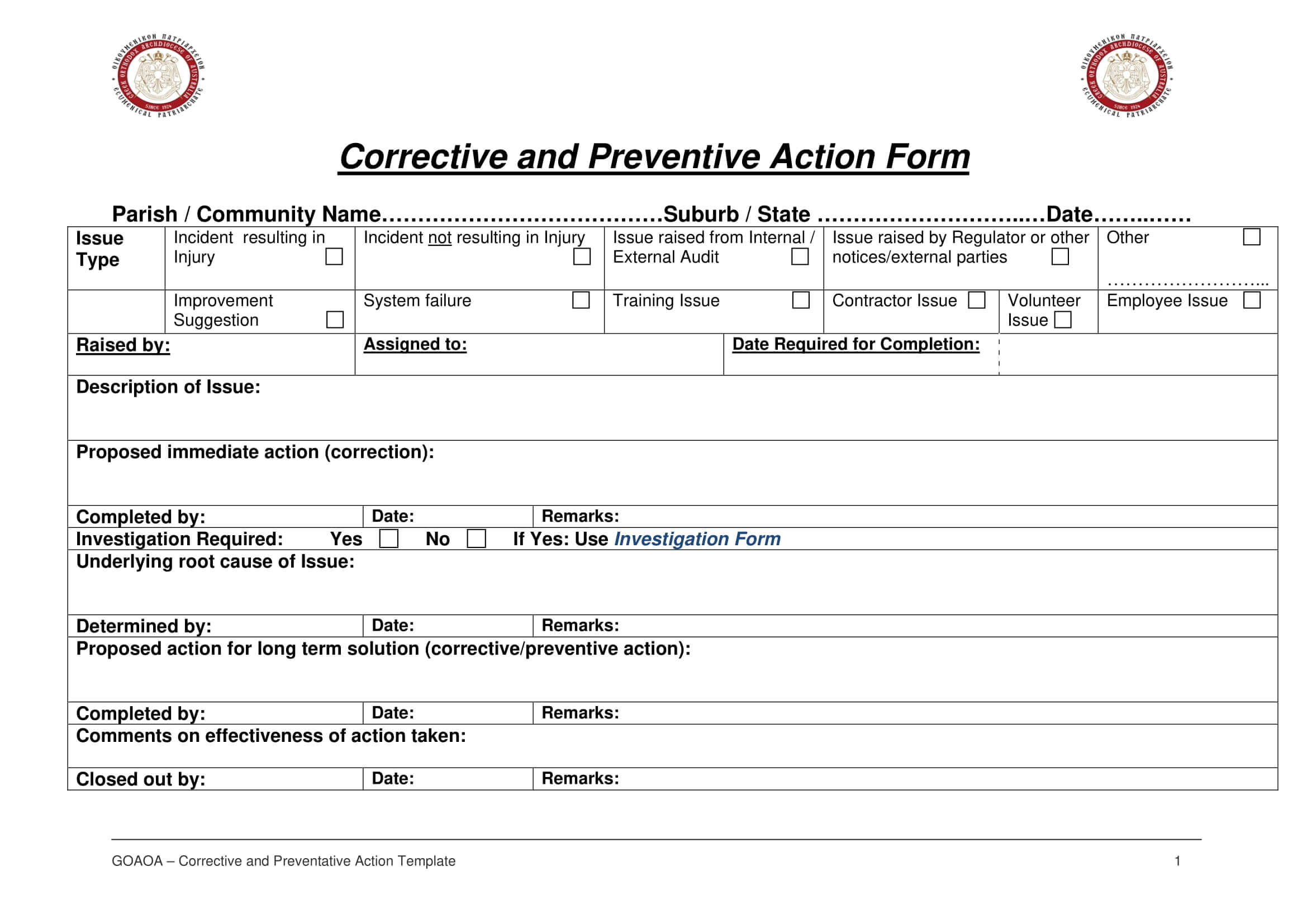 009 Corrective And Preventive Action Report Form Example For Corrective Action Report Template