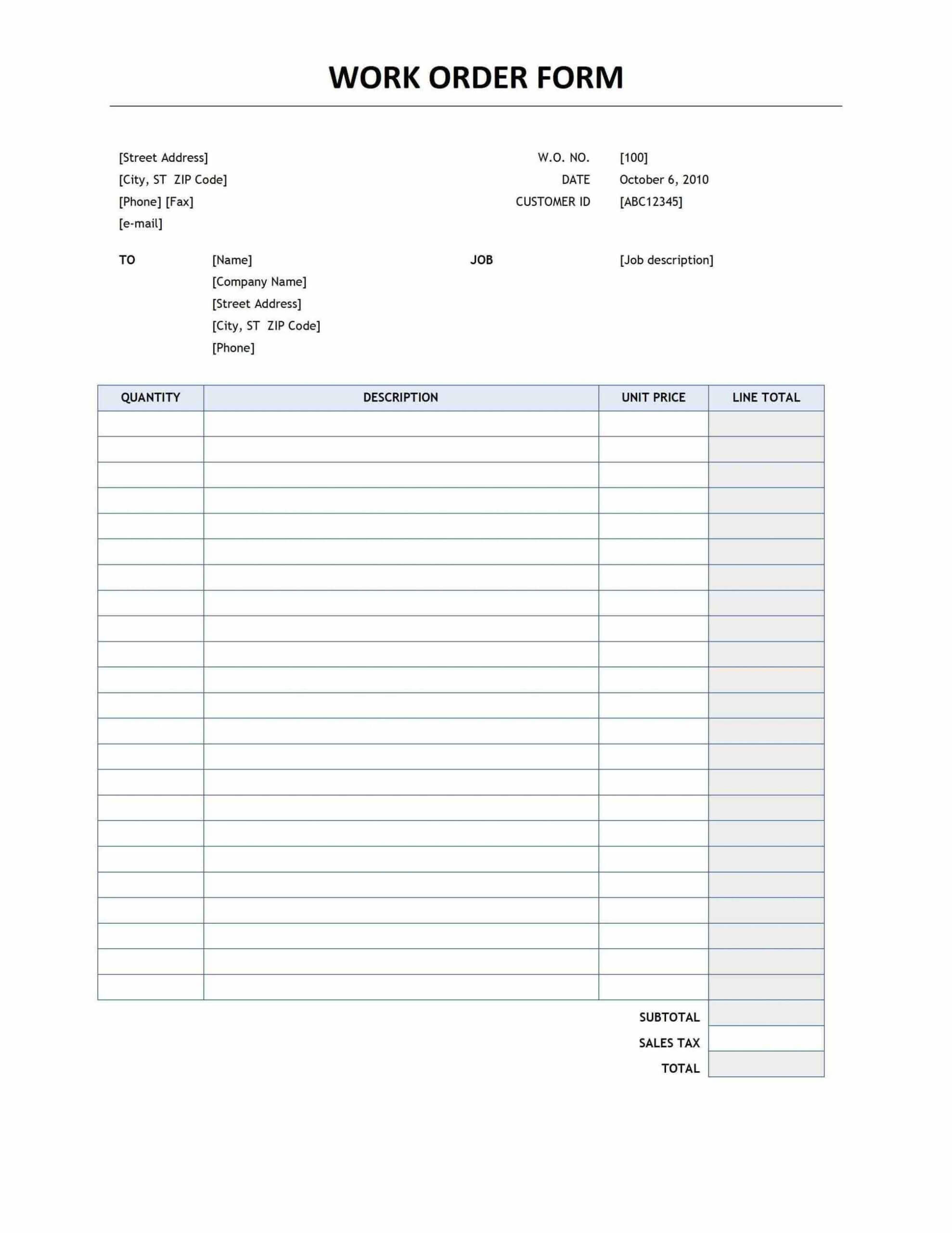 010 Template Ideas Work Order Forms Singular Excel With Job Card Template Mechanic