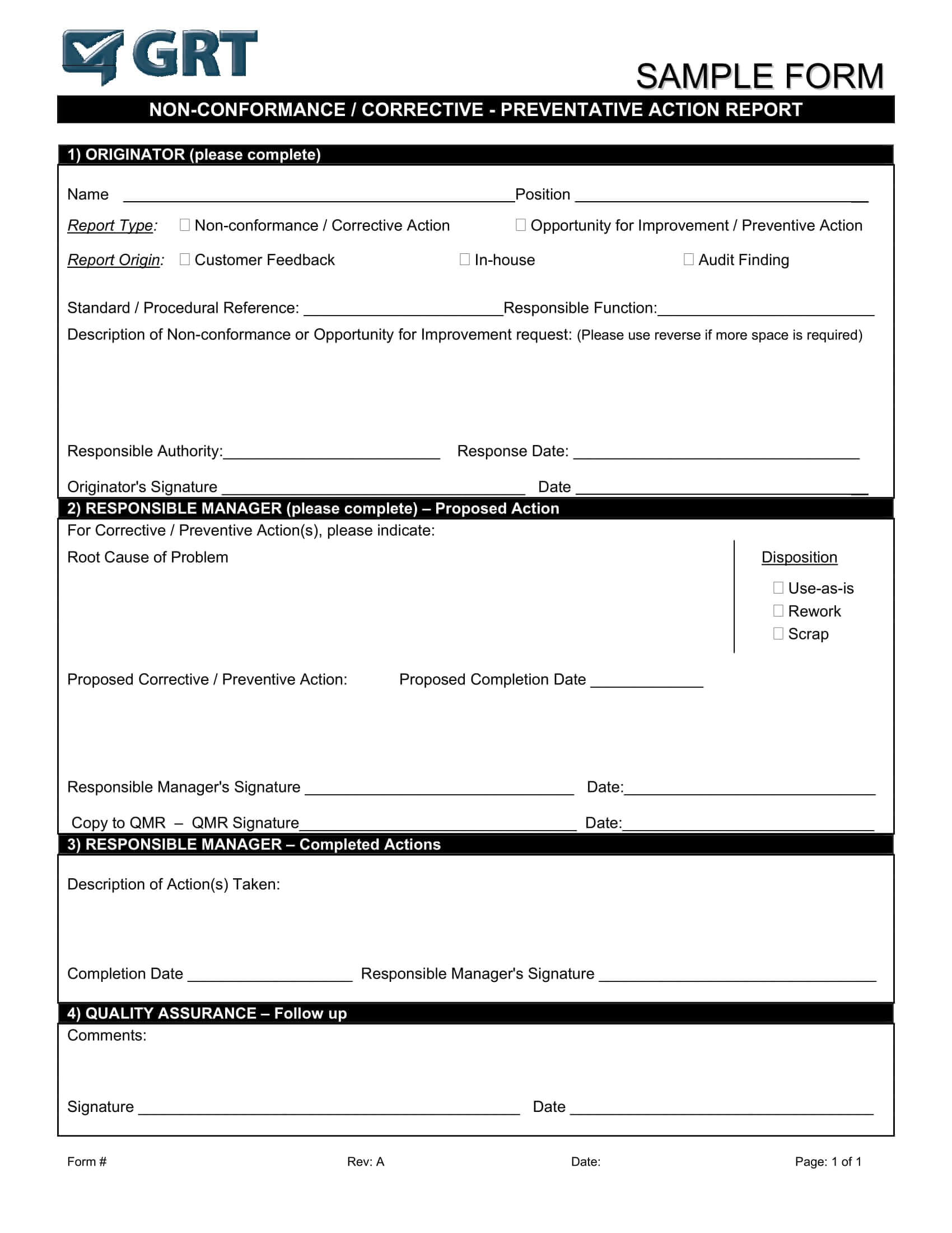 012 Corrective Action Form Template Manufacturing Non Within Non Conformance Report Form Template