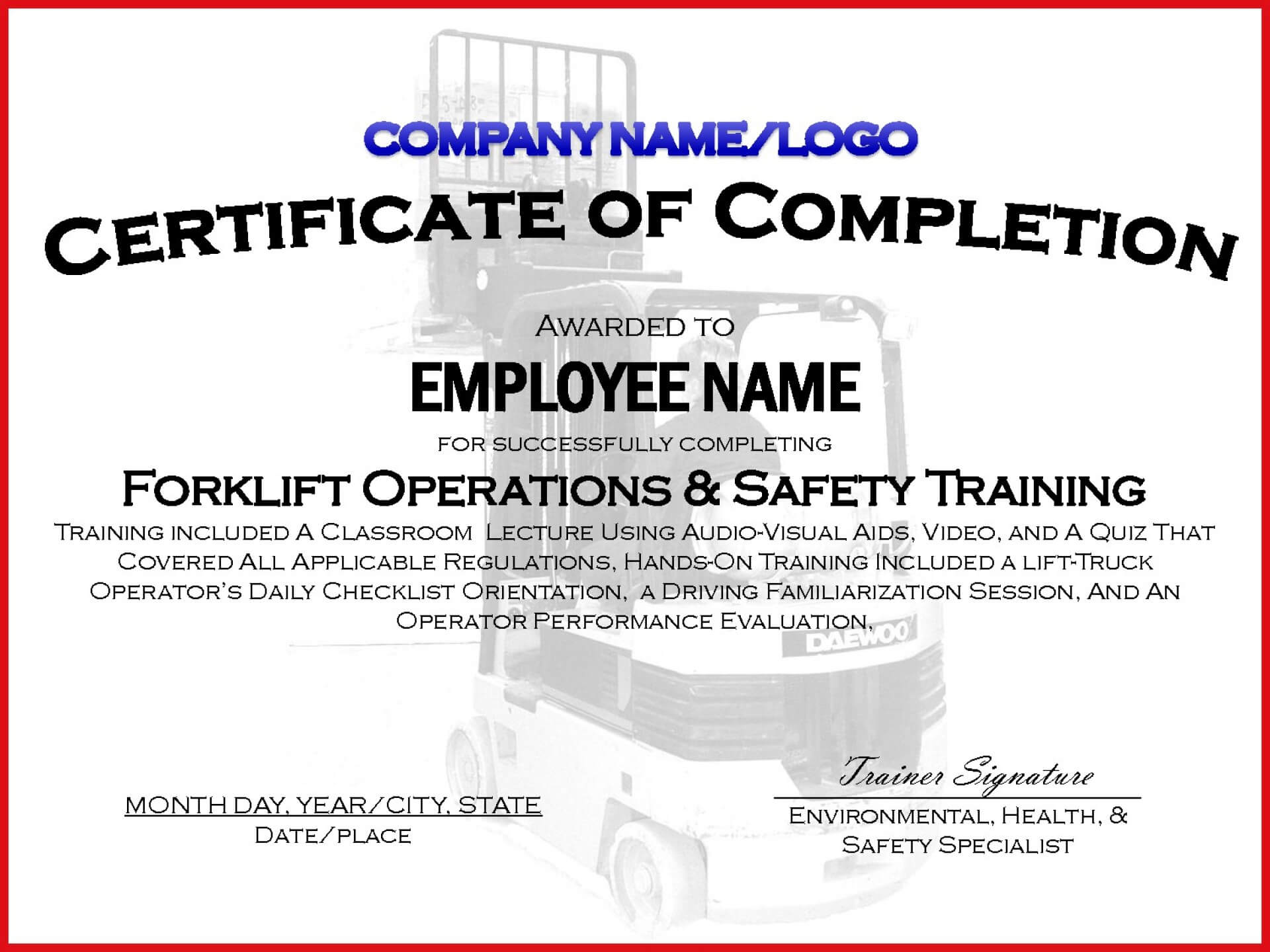 012 Template Ideas Forklift Certificates Templates Free Inside Safe Driving Certificate Template