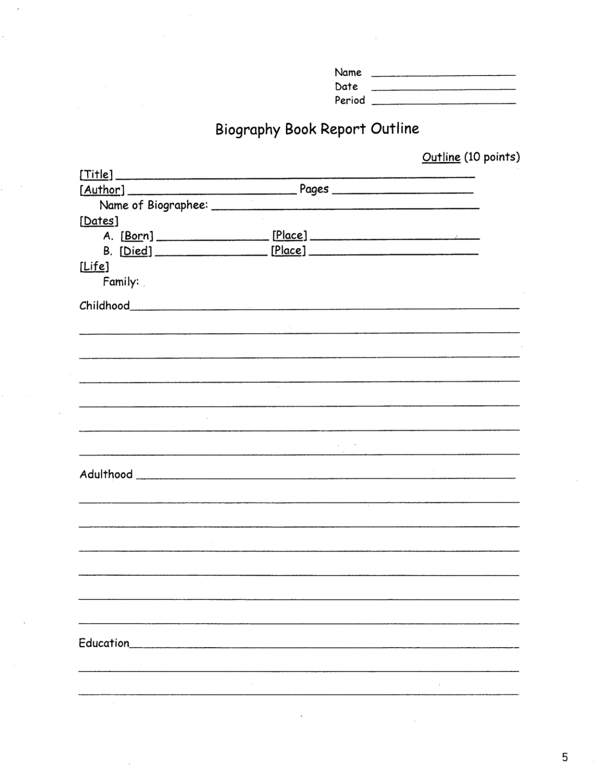 biography book report template high school