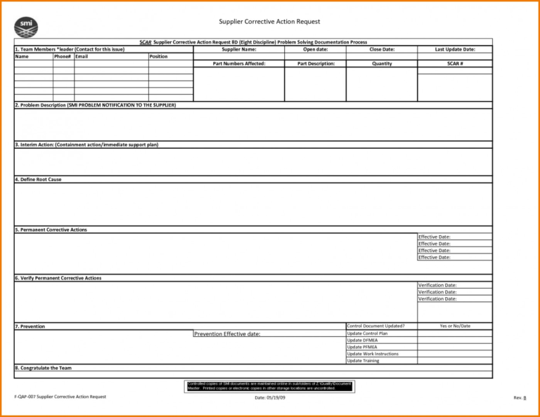 013 Field Version Corrective Action Form 788X1051 Template With 8D ...