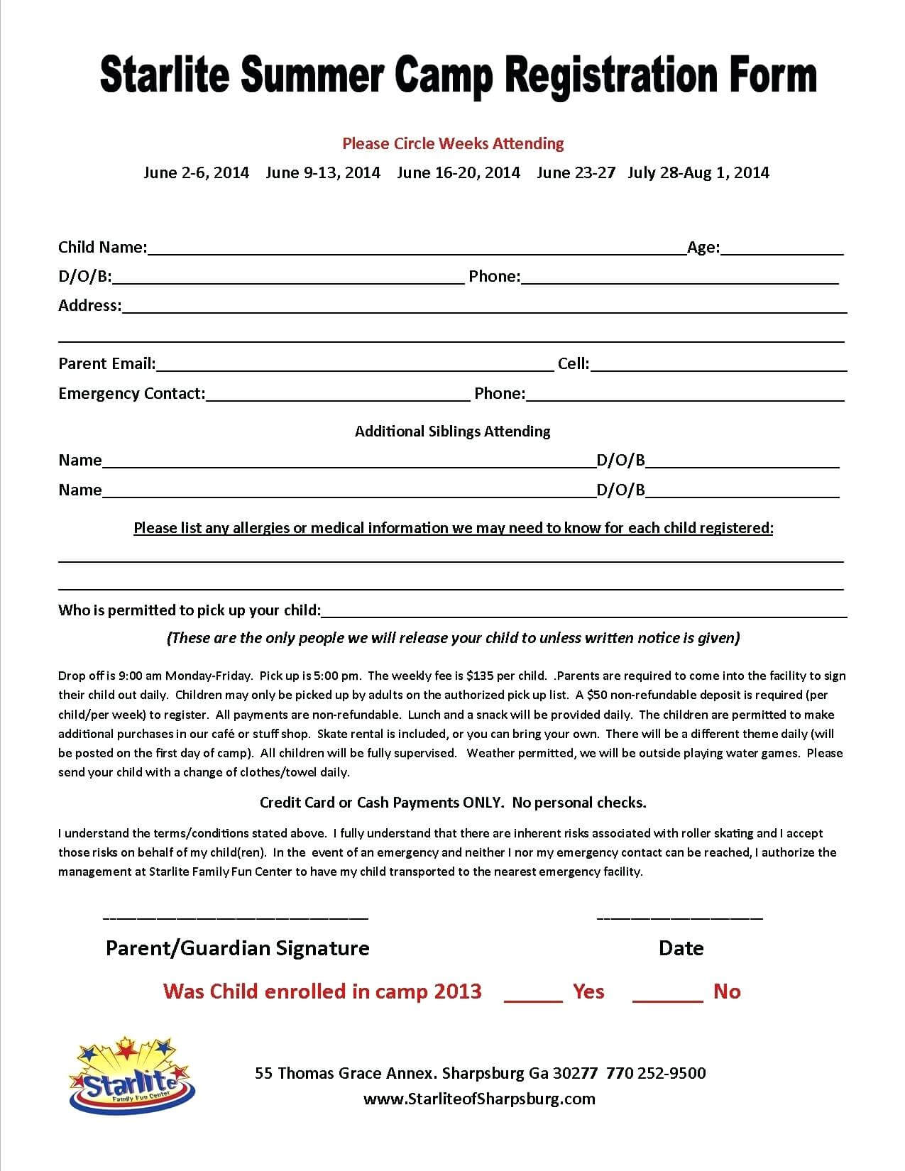 014 Free Printable Camp Registration Form Templates Hotel Within Camp Registration Form Template Word