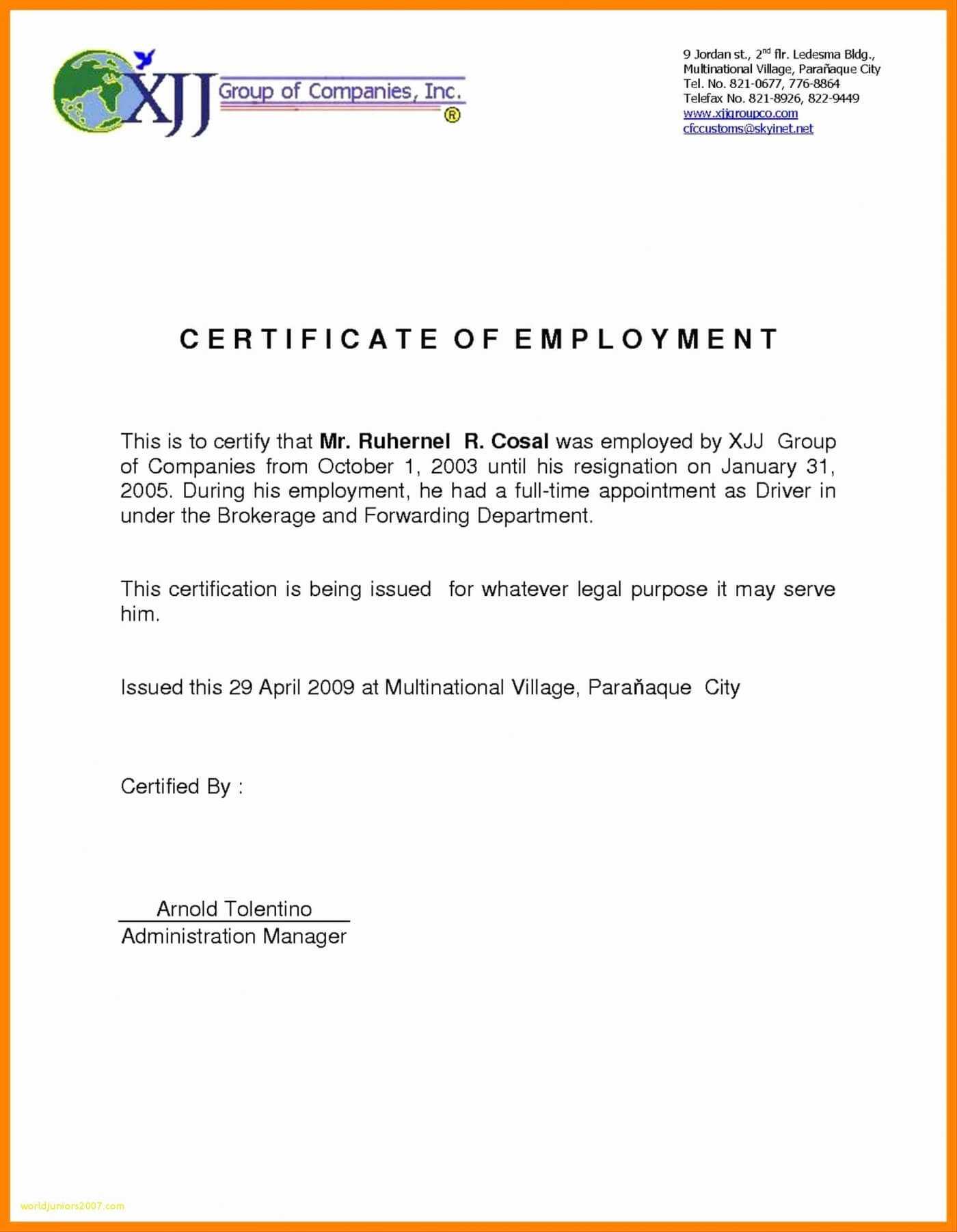 Sample Certificate Employment Template Professional Template   014 Sample Certificate Employment With Salary Indicated Best For Sample Certificate Employment Template 