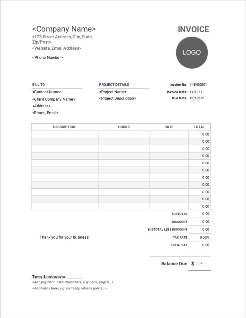 015 Sample Invoice Template Word Doc Hourly Pdf Excel Google In Google Word Document Templates