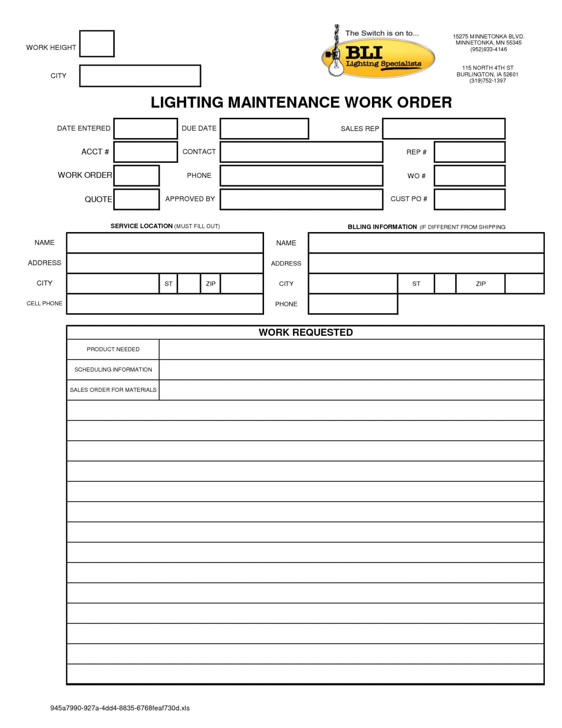 027 Maintenance Work Order Template Excel New Job Card In Mechanic Job Card Template