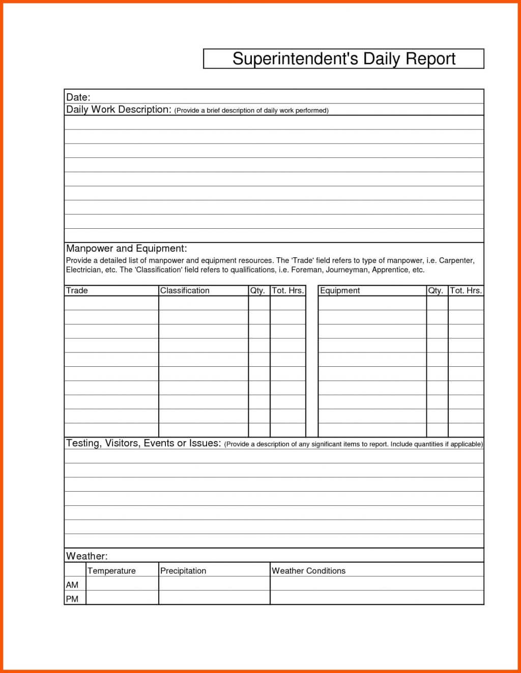 028 Construction Superintendent Daily Report Formsemplate Throughout Superintendent Daily Report Template