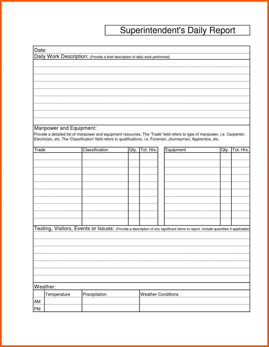 028 Construction Superintendent Daily Report Formsemplate Throughout Superintendent Daily Report Template