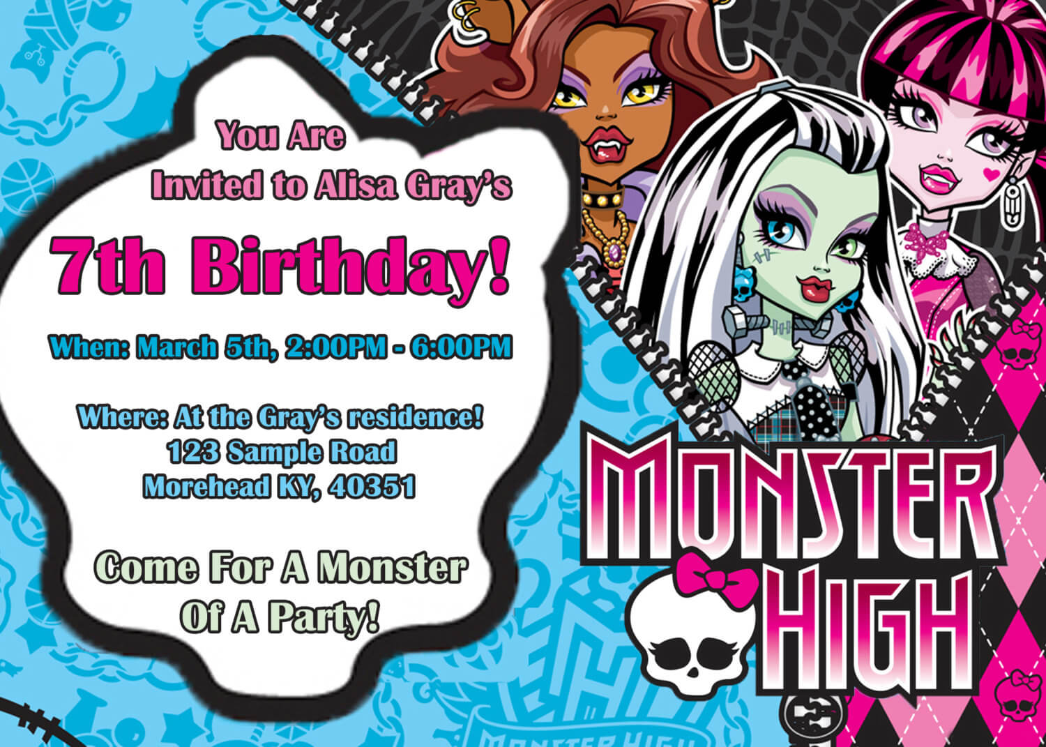14 Best Photos Of Monster High Birthday Invitations Within Monster High Birthday Card Template