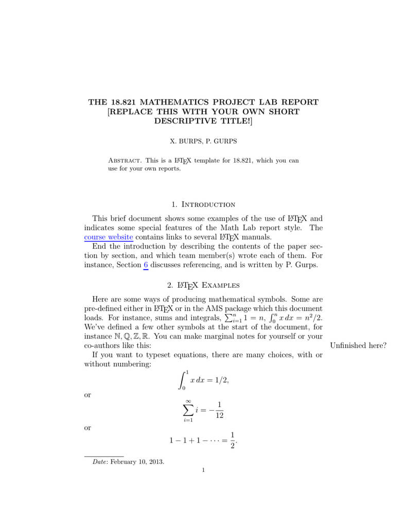 18.821 Mathematics Project Lab Report The [Replace With Regard To Project Report Latex Template