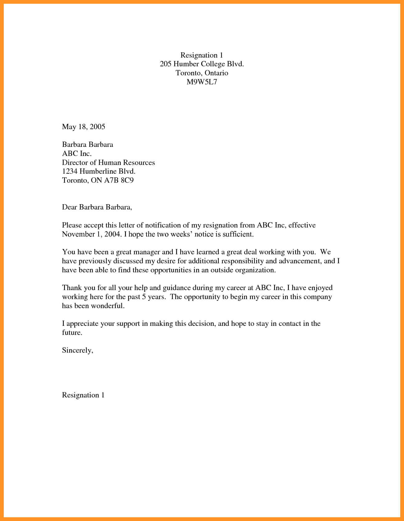 2 Weeks Notice Letter Of Resignation | Bio Letter Format In Two Week Notice Template Word