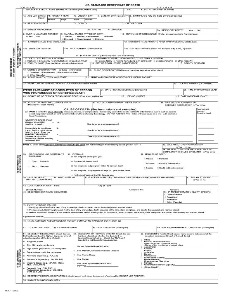 2003 2020 Form Us Standard Certificate Of Death Fill Online In Baby Death Certificate Template