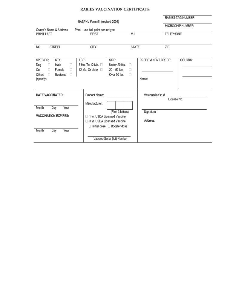 2006 Cdc Nasphv Form 51 Fill Online, Printable, Fillable Intended For Rabies Vaccine Certificate Template