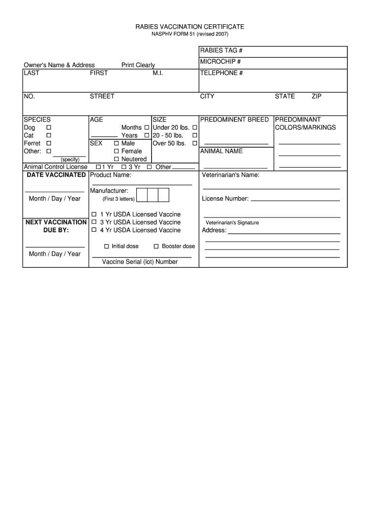 2007 2020 Cdc Nasphv Form 51 Fill Online, Printable For Rabies Vaccine Certificate Template