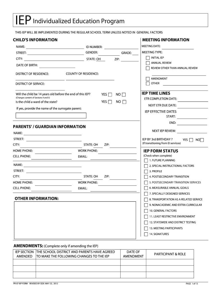 2012 2020 Form Oh Pr 07 Iep Fill Online, Printable, Fillable Throughout Blank Iep Template