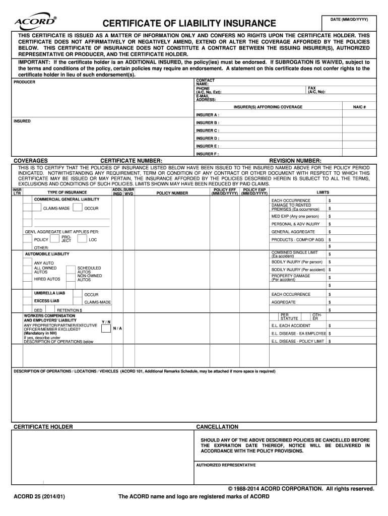 2014 2020 Form Acord 25 Fill Online, Printable, Fillable Within Certificate Of Liability Insurance Template