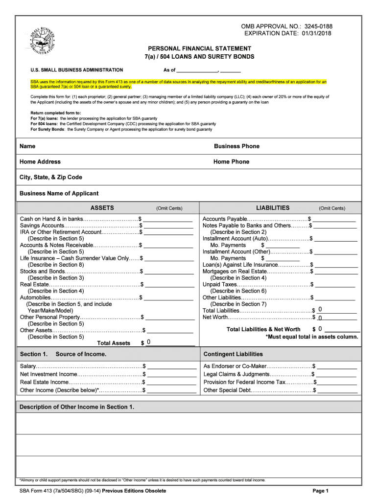 2014 2020 Form Sba 413 Fill Online, Printable, Fillable With Blank Personal Financial Statement Template