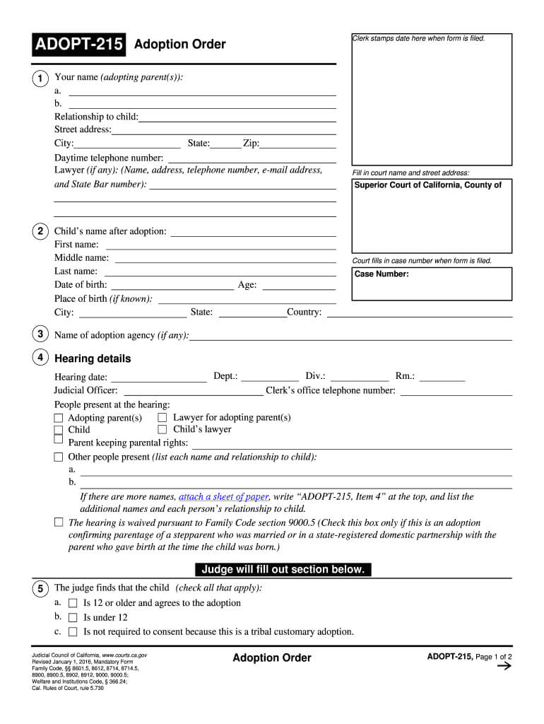 2016 2020 Form Ca Adopt 215 Fill Online, Printable, Fillable Within Child Adoption Certificate Template