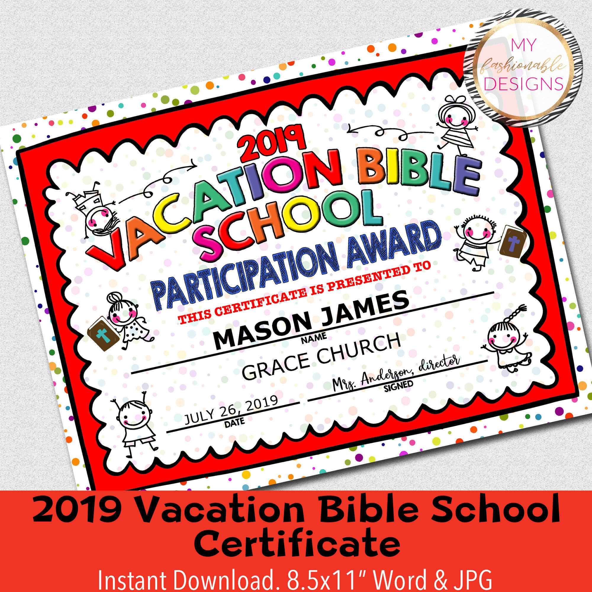 2019 Vbs Certificate, Vacation Bible School, Instant Download – 8.5X11"  Word And Jpg Intended For Vbs Certificate Template