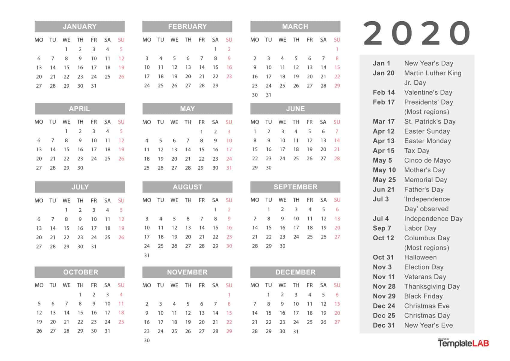 2020 Printable Calendars [Monthly, With Holidays, Yearly] ᐅ With Month At A Glance Blank Calendar Template
