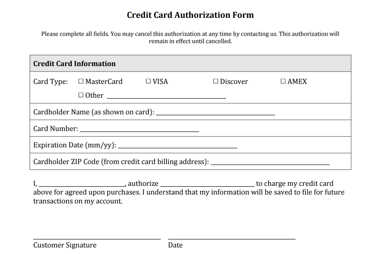 Authorization To Charge Credit Card Template Professional Template