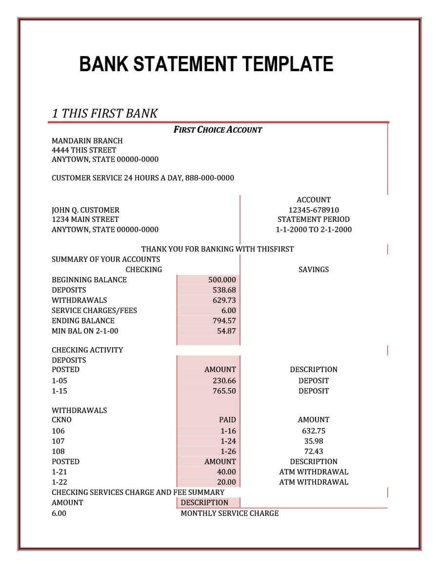 23 Editable Bank Statement Templates [Free] ᐅ Template Lab Within Blank Bank Statement Template Download