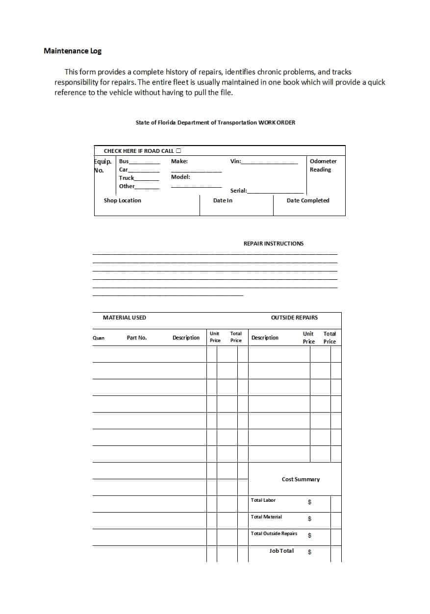 40 Printable Vehicle Maintenance Log Templates ᐅ Template Lab Intended For Job Card Template Mechanic