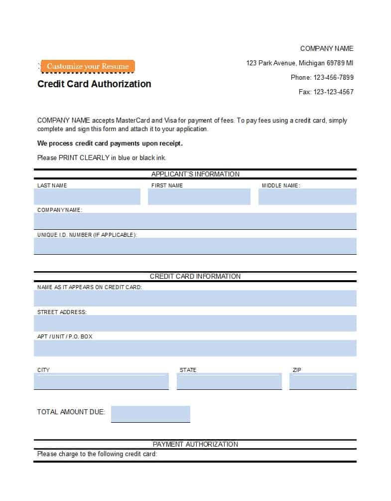 41 Credit Card Authorization Forms Templates {Ready To Use} Pertaining To Credit Card Authorisation Form Template Australia