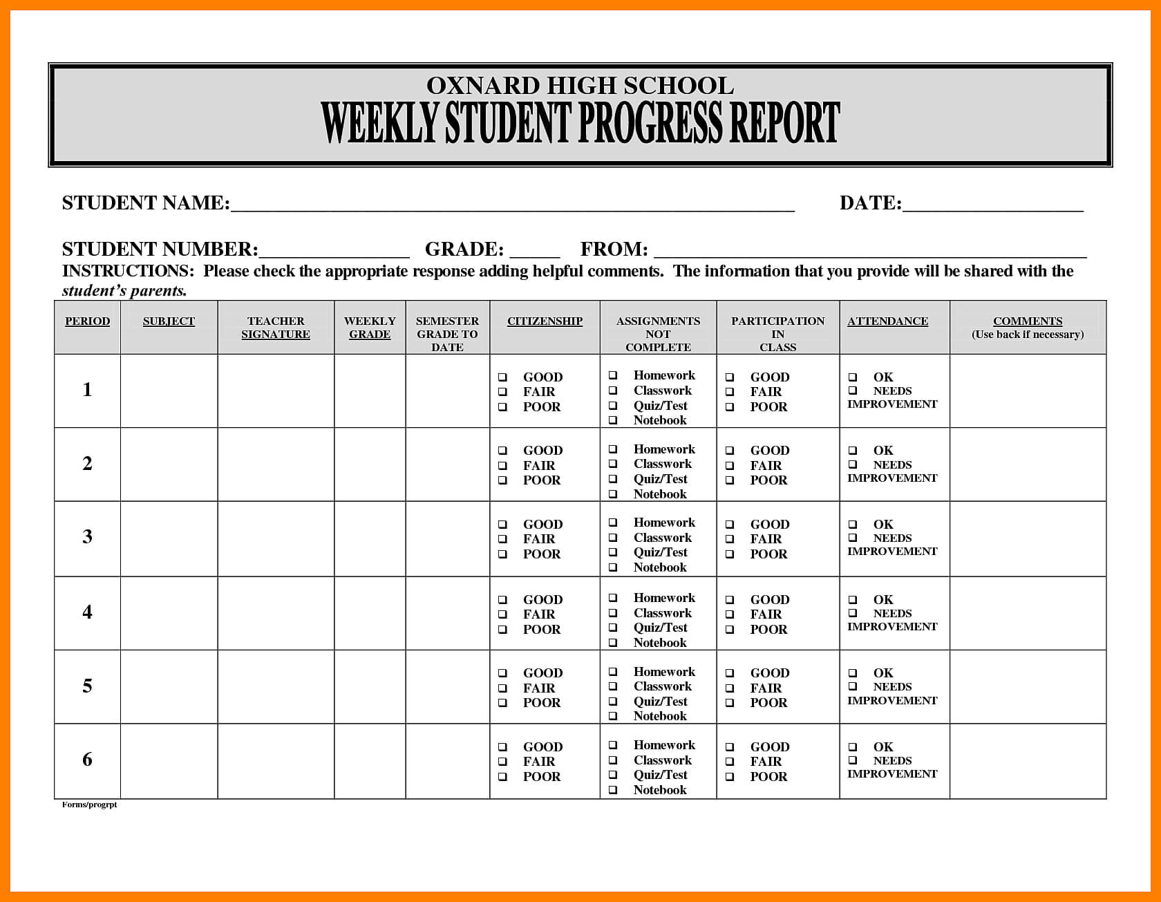 5+ Free Student Weekly Progress Report Template | Marlows Inside Weekly Test Report Template