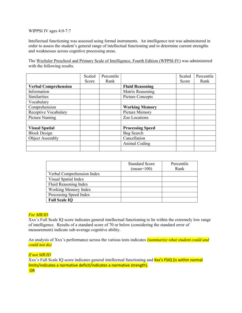8 Cognitive Template Wppsi Iv Ages 4 0 7 7 With Wppsi Iv Report Template