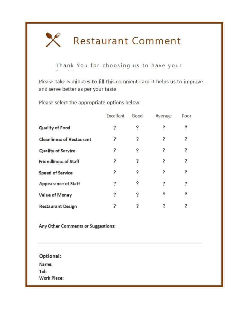 9 Restaurant Comment Card Templates – Free Sample Templates Intended For Survey Card Template