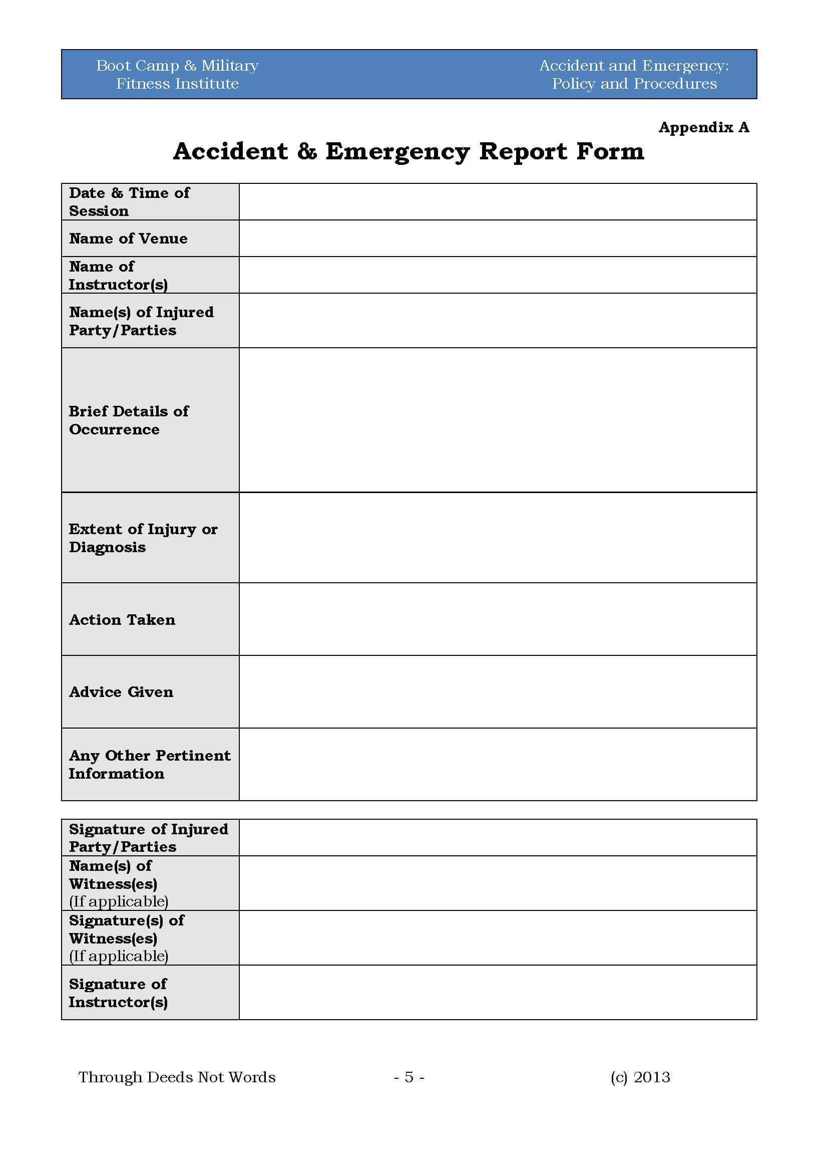 Accident & Emergency: Policy & Procedures – Boot Camp Throughout Accident Report Form Template Uk