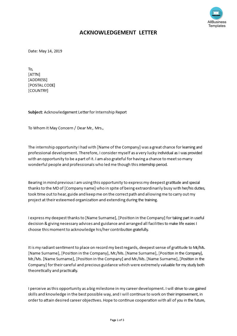 Acknowledgement For Internship Report Sample | Templates In Training Report Template Format