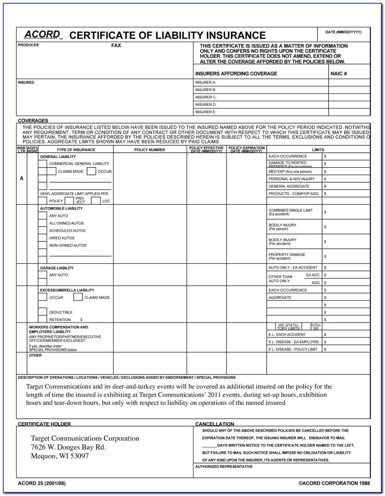 Acord Certificate Of Liability Insurance Template Top For Certificate Of Liability Insurance Template