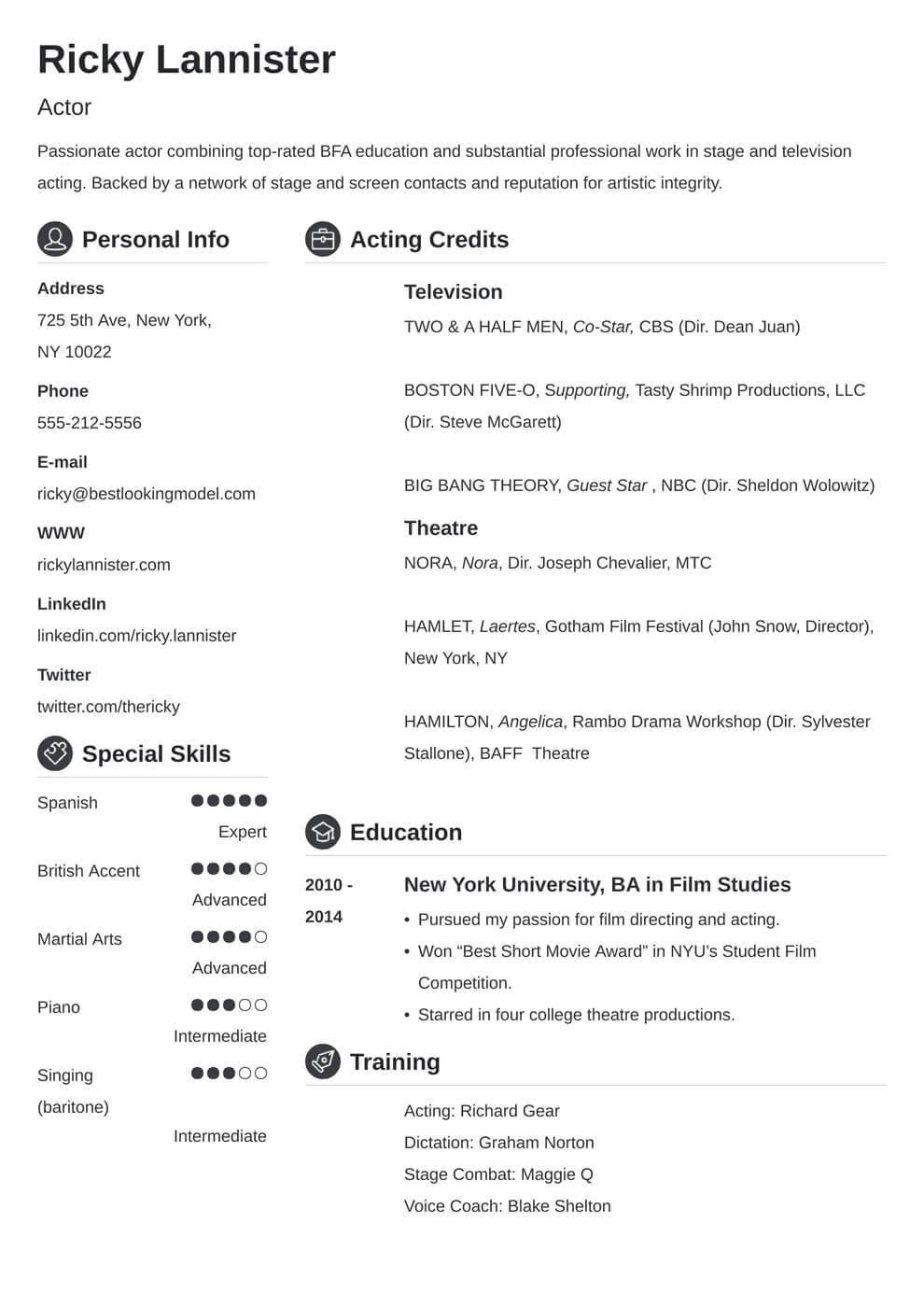 Acting Resume Template [An Actor Resume Example & Tips] In Theatrical Resume Template Word