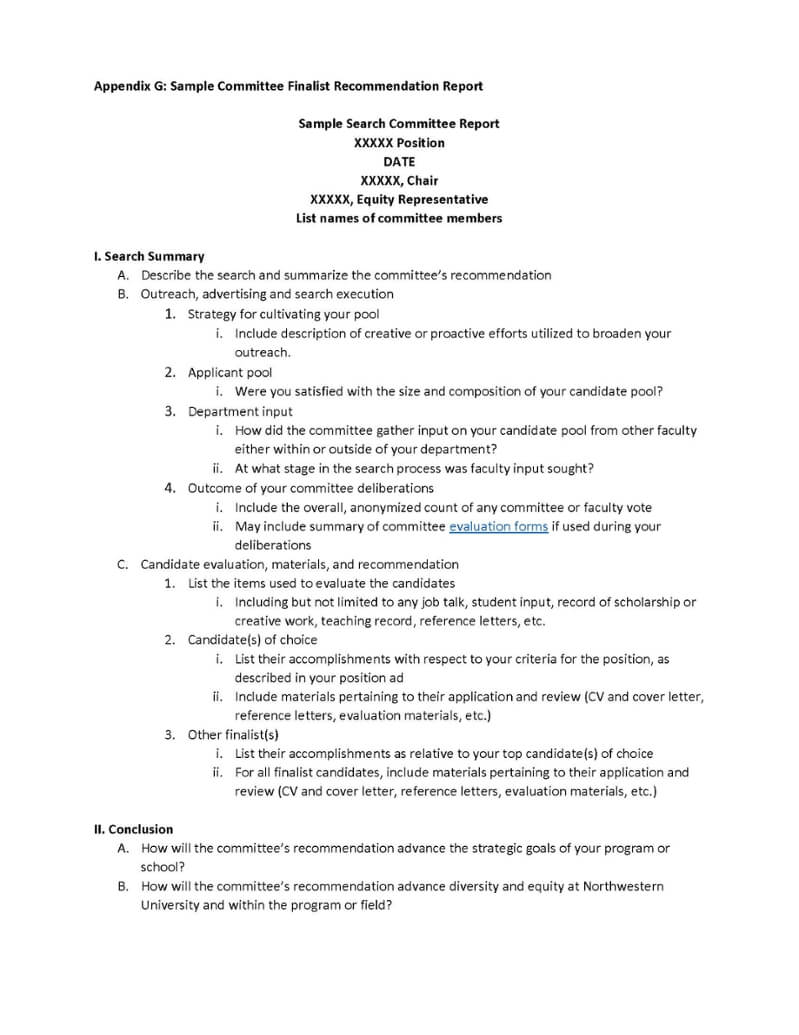 Appendix G: Sample Committee Finalist Recommendation Report For Recommendation Report Template