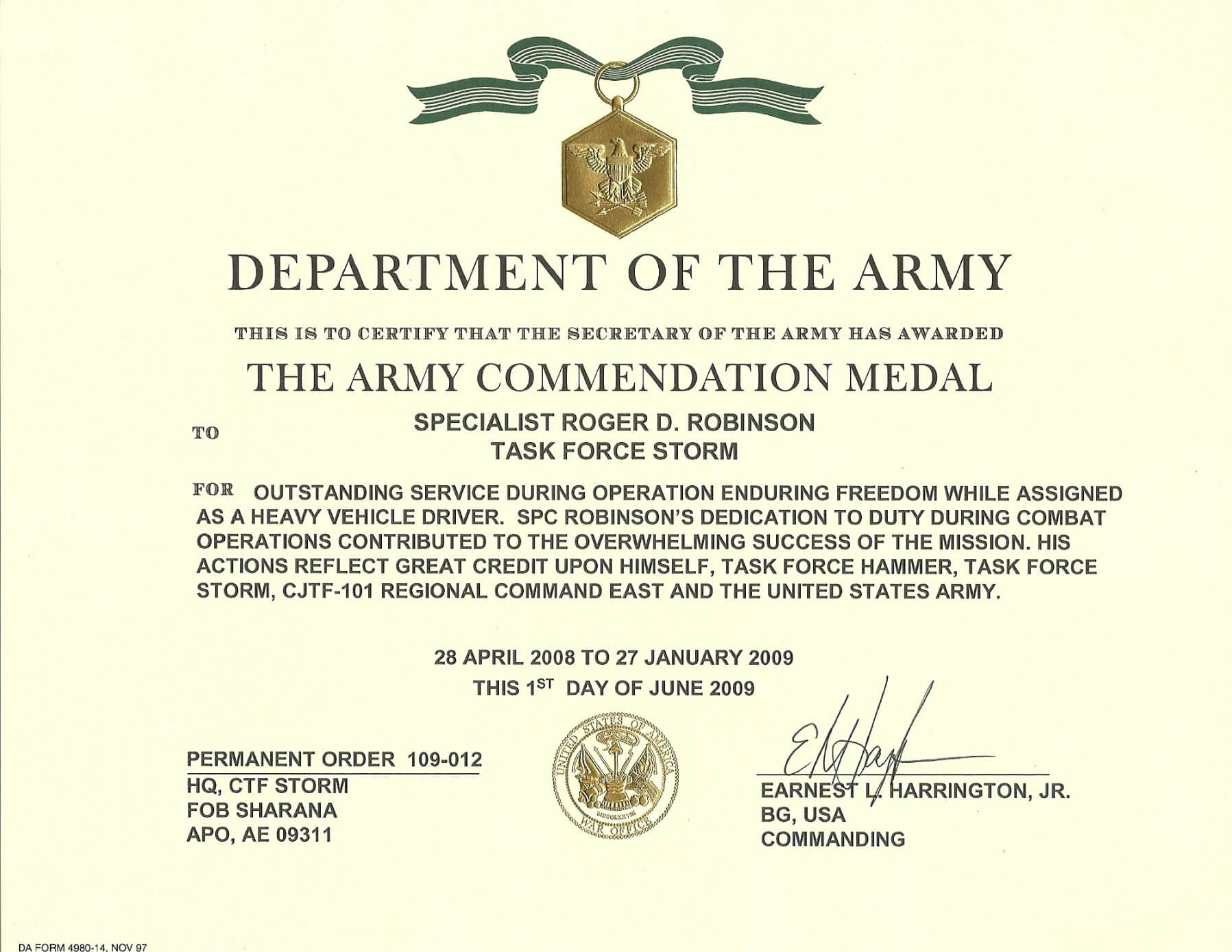 Army Achievement Medal Certificate Template In Certificate Of Achievement Army Template