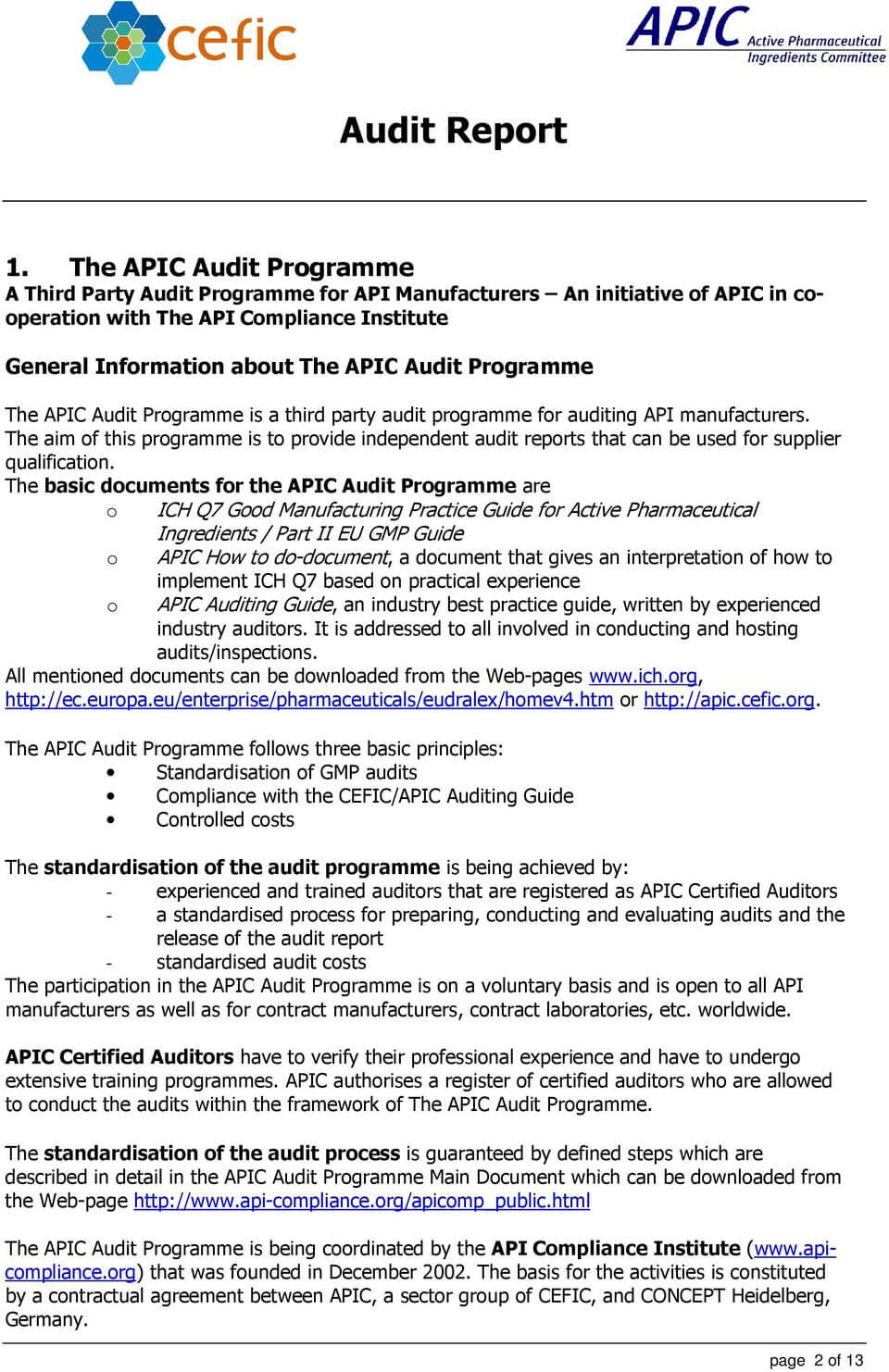 Audit Report In The Framework Of The Apic Audit Programme Throughout Gmp Audit Report Template