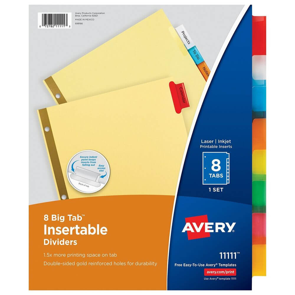 Avery 8 Tab Binder Dividers, Insertable Multicolor Big Tabs, 8 Set (11111)  72782111113 | Ebay Intended For 8 Tab Divider Template Word