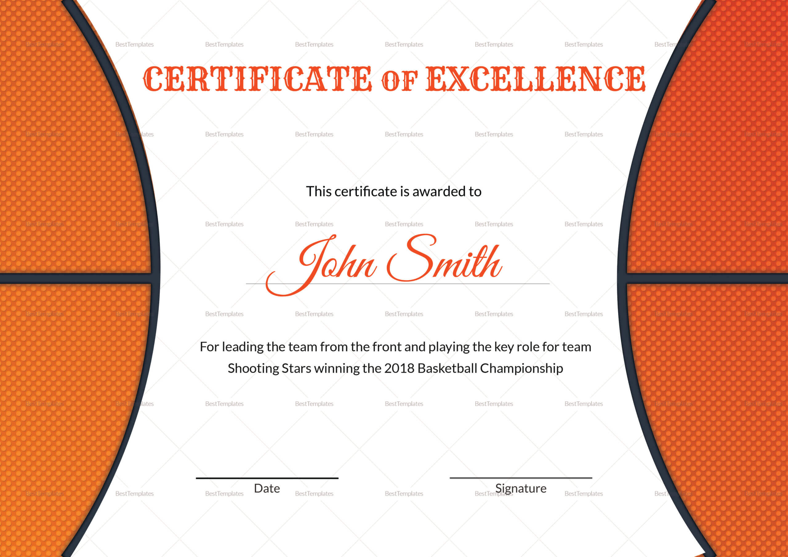 Basketball Excellence Award Certificate Template In Sports Award Certificate Template Word