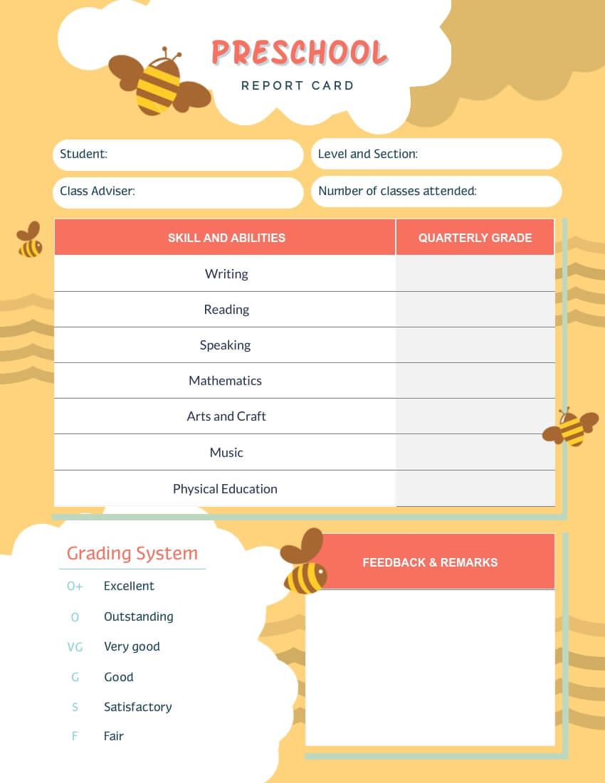 Bee Preschool Report Card Template – Visme With Regard To Kindergarten Report Card Template