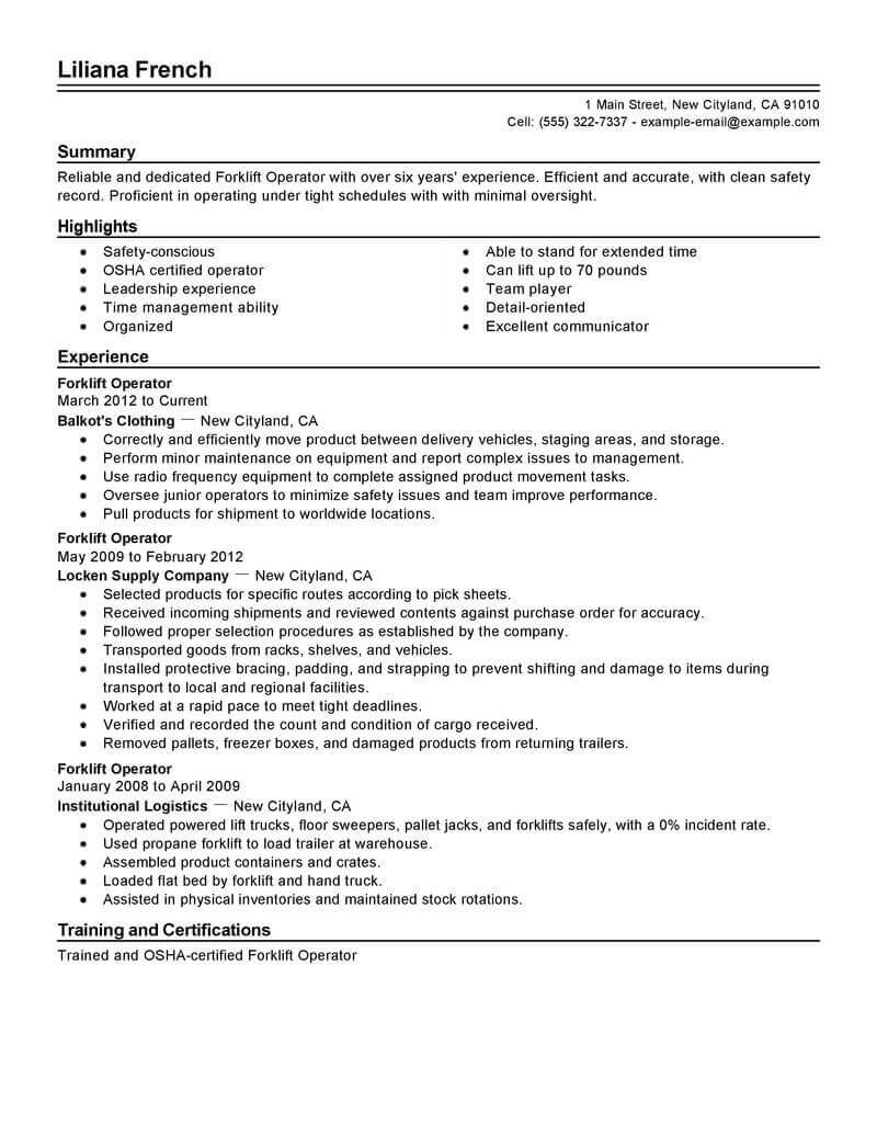 Best Forklift Operator Resume Example | Livecareer Within Forklift Certification Template