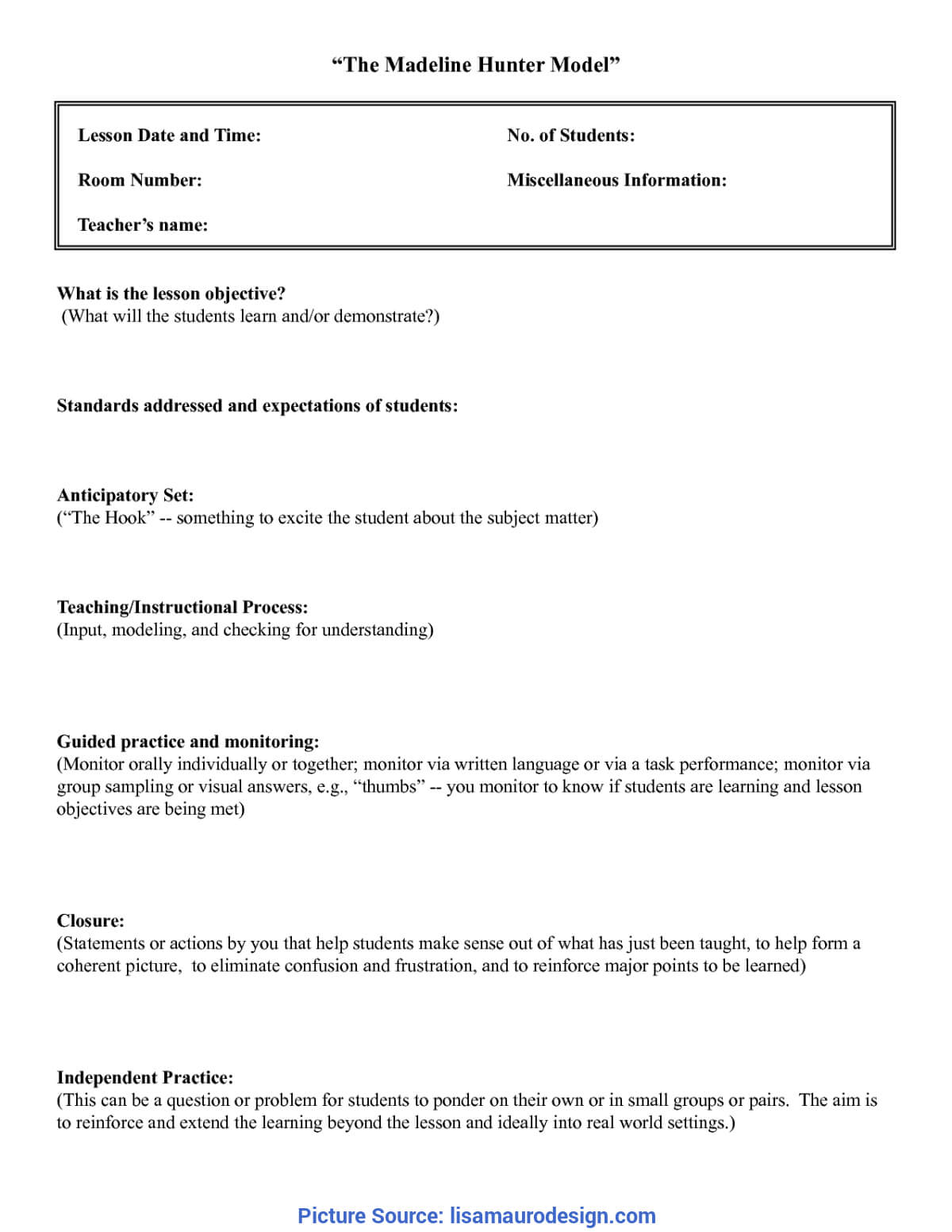 Best Lesson Plan Template Anticipatory Set Madeline Hunter Pertaining To Madeline Hunter Lesson Plan Blank Template