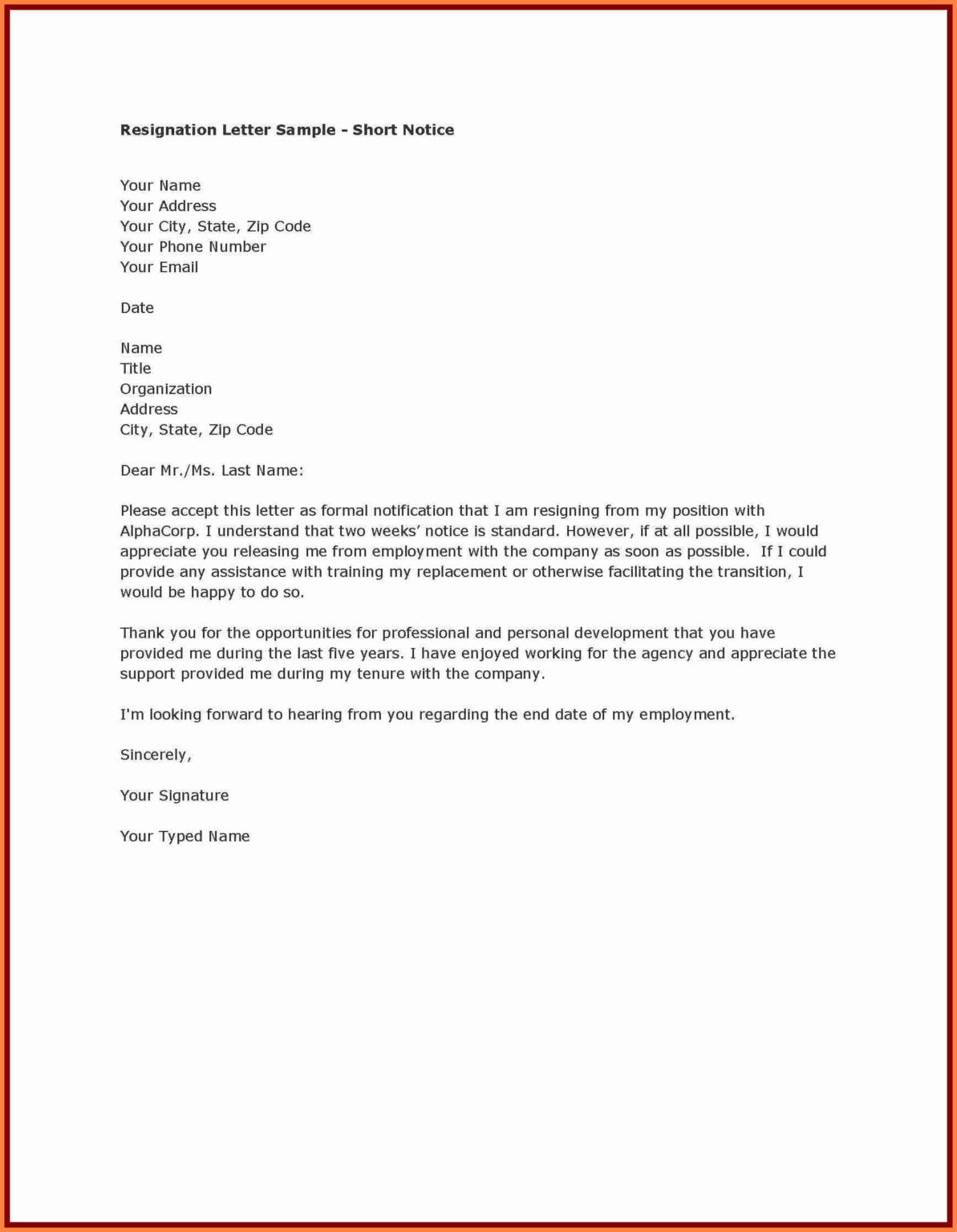 2 Week Notice Letter Template Word Download