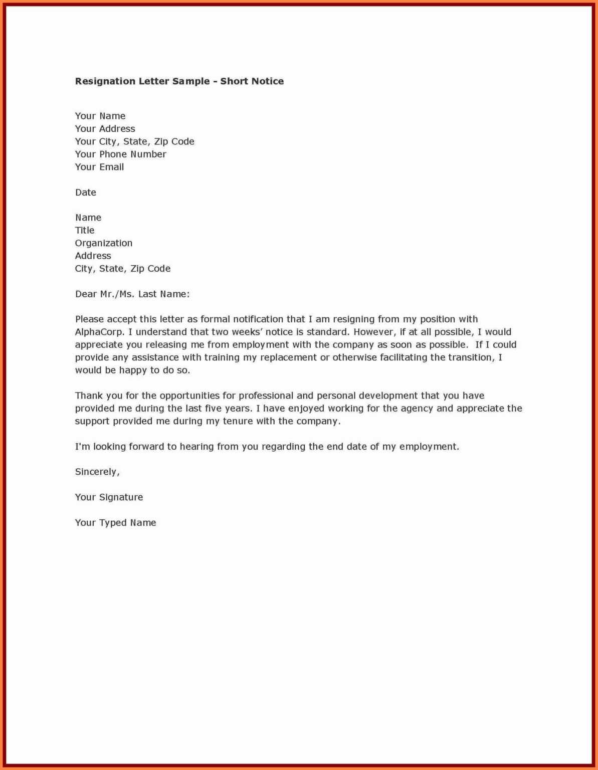 Resignation Letter Uk Template 1 Week Notice