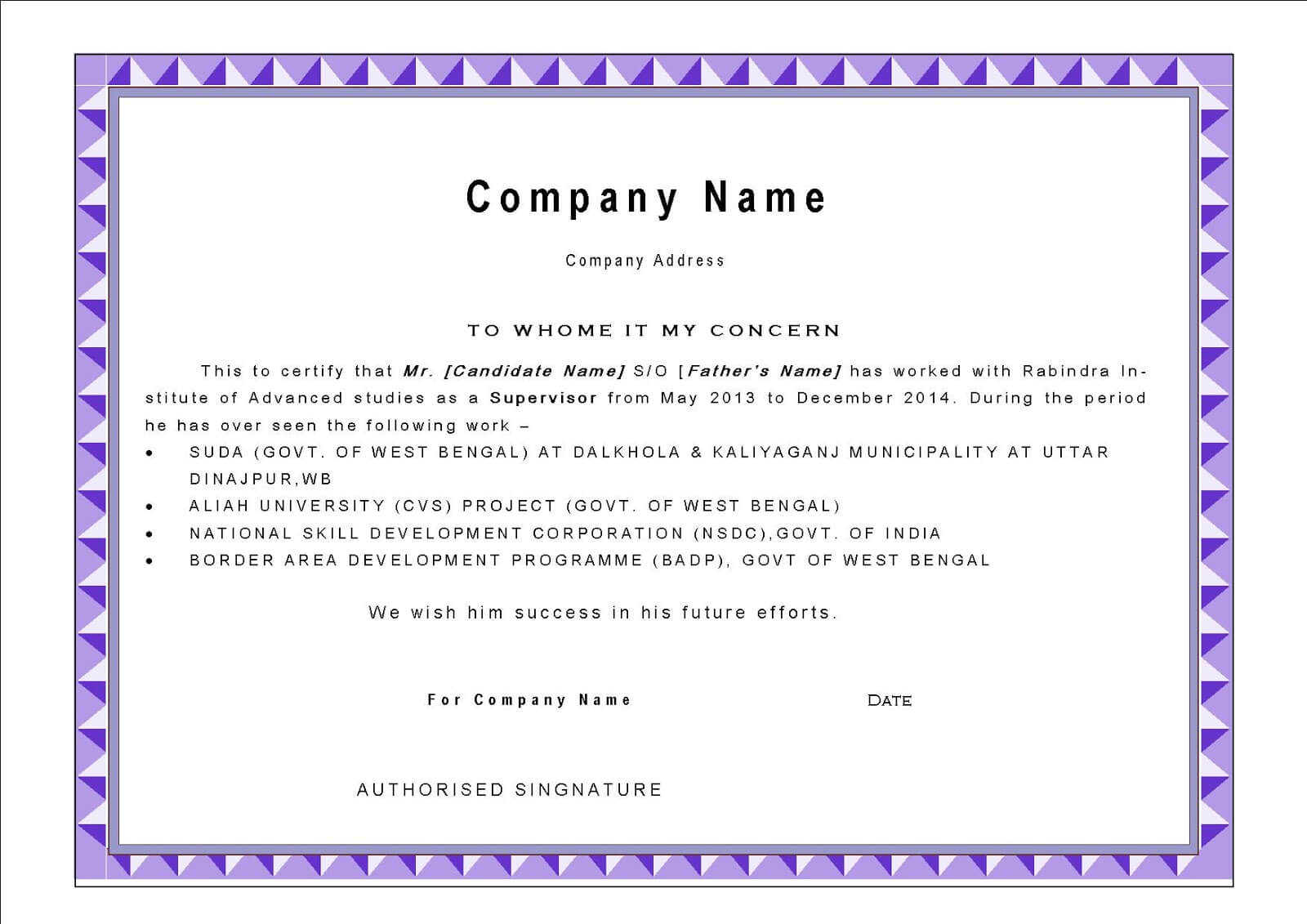 Best Work Experience Certificate Letter Template With Purple Pertaining To Certificate Of Experience Template